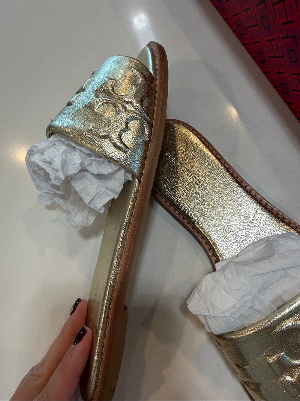 Tory Burch Orginal-Metallic Gold Slide Sandals - Women's Elegant Comfort - Picture 9 of 10